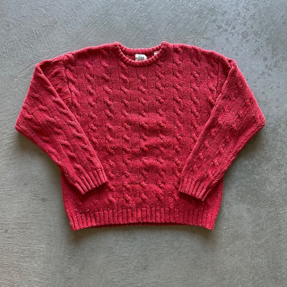 Vintage 90s Gap Cable Knit Sweater Size Medium Red Flecked Cotton Pullover